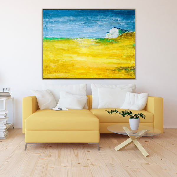 Landscape Original Fine Art Painting Reflecting Warm Memories of a Radiant Expanse, Canvas Wall Art | Yellow Field