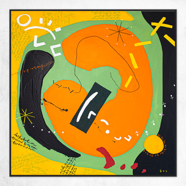 Modern Abstract Original Painting, Canvas Wall Art Harmonizing Distinct Colors & Symbols | Yellow dot is approaching (36"x36")