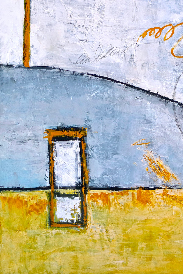 Surrealist Landscape Original Abstract Painting in Acrylic, Modern Large Artistry Wall Art | Yellow telephone booth