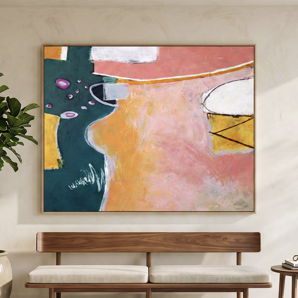 Vibrant Pink Modern Abstract Wall Art — Original Oil Painting, Textured Canvas — "Magician's table (Horizontal Ver.)"