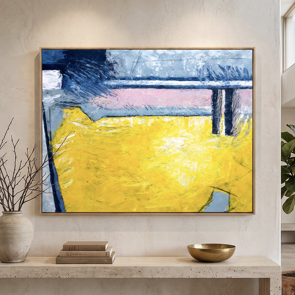 Large Yellow Modern Abstract Wall Art — Original Oil Painting, Textured Canvas — "Reinforce (Horizontal Ver.)"