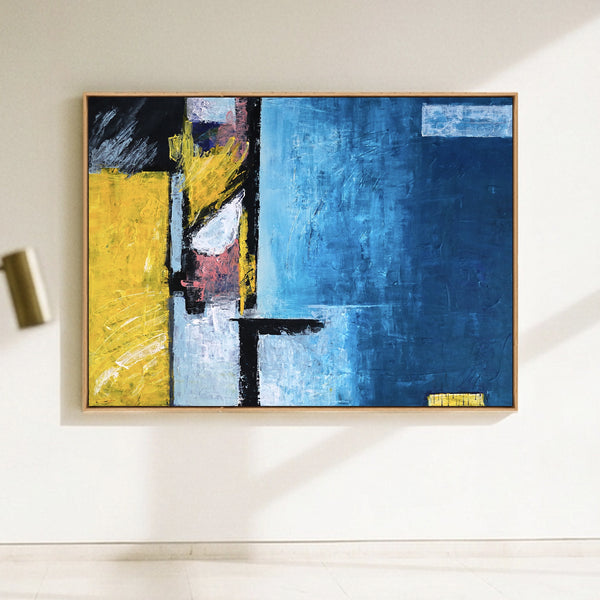 Abstract Wall Art — Large Blue Modern Original Oil Painting, Textured Canvas — "Construction (Horizontal Ver.)"
