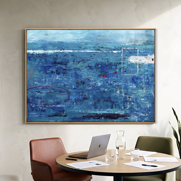 Moody Blue Abstract Wall Art — Large Original Oil Painting, Textured Canvas — "Red dot transported (Horizontal Ver.)"
