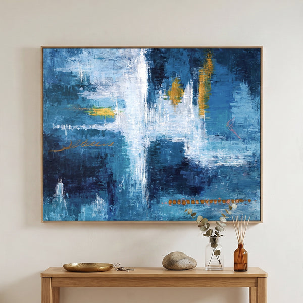 Moody Blue Abstract Wall Art — Original Oil Painting, Bold Textured Canvas — "Measurement (Horizontal Ver.)"