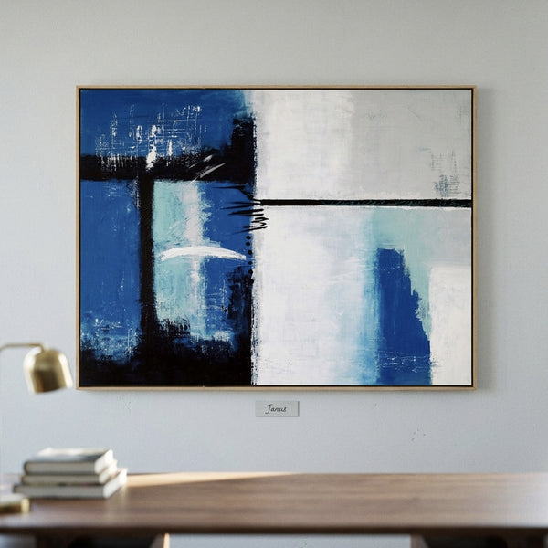 Bold Blue Modern Abstract Wall Art — Original Oil Painting, Textured Canvas — "Janus (Horizontal Ver.)"