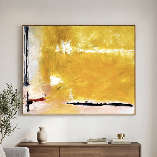 Large Yellow Modern Abstract Wall Art — Original Oil Painting, Textured Canvas — "Reminiscent (Horizontal Ver.)"
