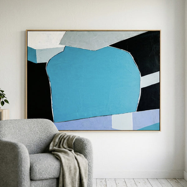 Bold Teal Geometric Abstract Wall Art — Original Oil Painting, Textured Canvas — "Geometry I (Horizontal Ver.)"