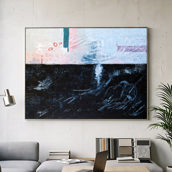 Moody Black Blue Abstract Wall Art — Large Original Oil Painting, Textured Canvas — "The South (Horizontal Ver.)"