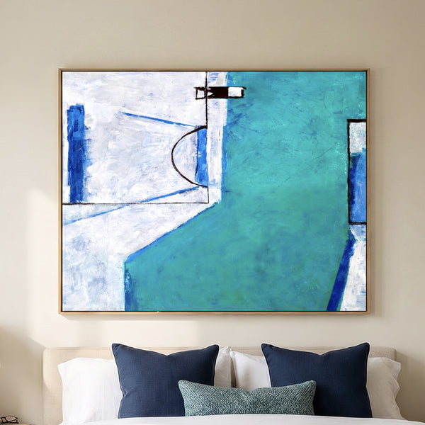 Teal Blue Bold Abstract Wall Art — Large Modern Original Oil Painting, Textured Canvas — "Out there (Horizontal Ver.)"