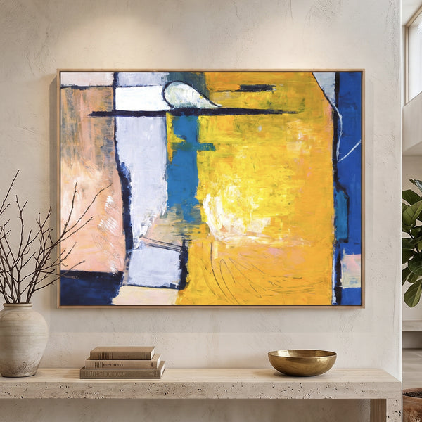 Vibrant Yellow Bold Abstract Wall Art — Modern Original Oil Painting, Textured Canvas — "Suburban (Horizontal Ver.)"
