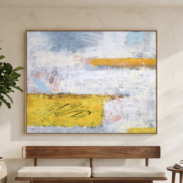 Vibrant Yellow Modern Abstract Wall Art — Original Oil Painting, Textured Canvas — "Yellow echo (Horizontal Ver.)"