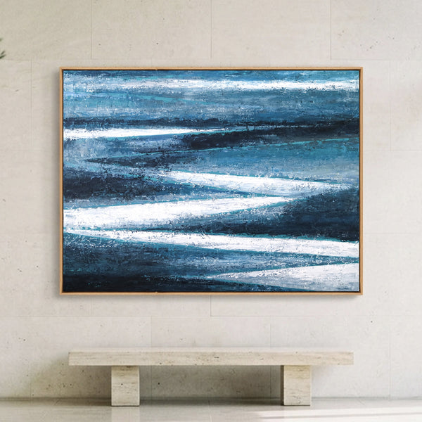 Moody Teal Abstract Wall Art — Large Original Oil Painting, Textured Canvas — "Channel (Horizontal Ver.)"