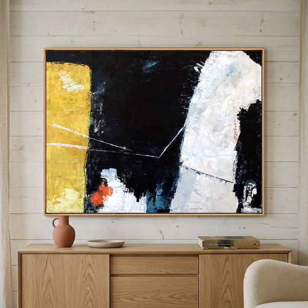 Moody Black Yellow Abstract Wall Art — Large Original Oil Painting, Textured Canvas — "Connection (Horizontal Ver.)"