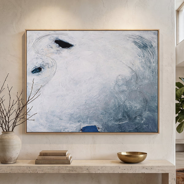 Serene Blue Minimalist Abstract Wall Art — Original Oil Painting, Textured Canvas Statement — "A little piece of moon (Horizontal Ver.)"