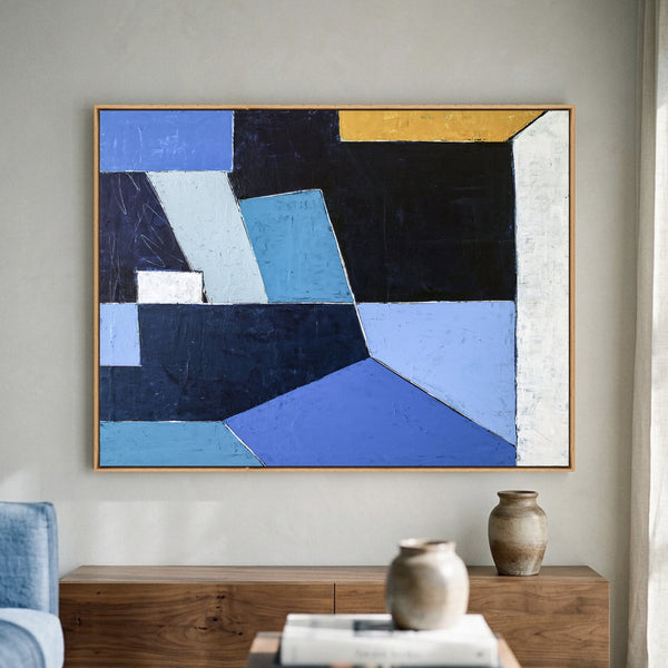 Bold Blue Geometric Abstract Wall Art — Modern Original Oil Painting, Textured Canvas — "Geometry II (Horizontal Ver.)"