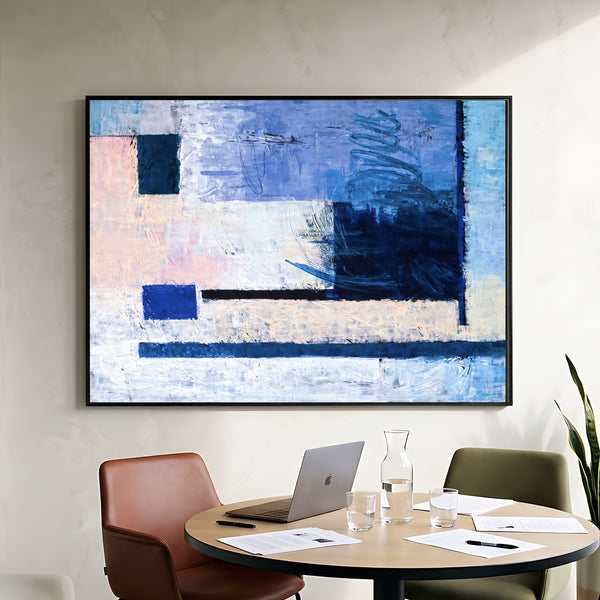 Cool Blue Bold Abstract Wall Art — Modern Original Oil Painting, Textured Canvas — "Window (Horizontal Ver.)"