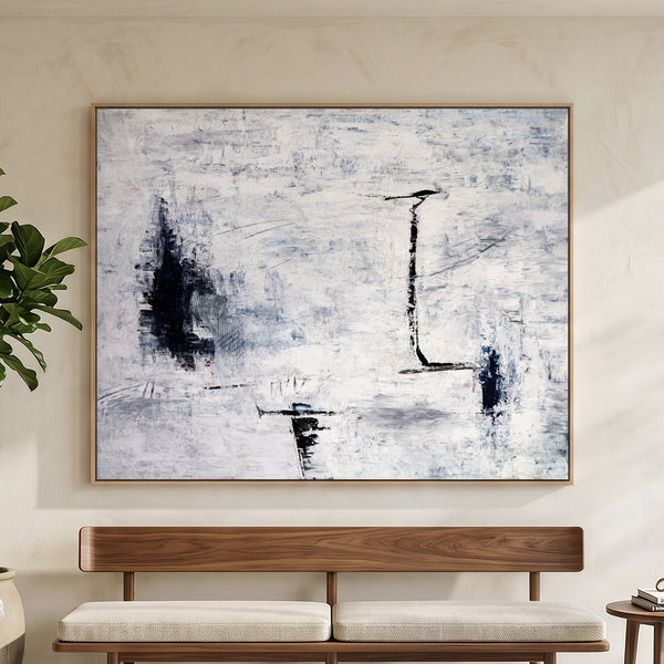 Large Abstract Wall Art — Minimalist Black White Original Oil Painting, Textured Canvas — "Trace (Horizontal Ver.)"