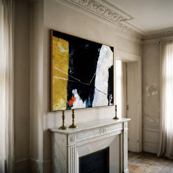 Moody Black Yellow Abstract Wall Art — Large Original Oil Painting, Textured Canvas — "Connection (Horizontal Ver.)"