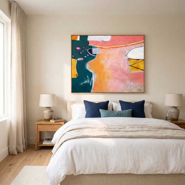 Vibrant Pink Modern Abstract Wall Art — Original Oil Painting, Textured Canvas — "Magician's table (Horizontal Ver.)"