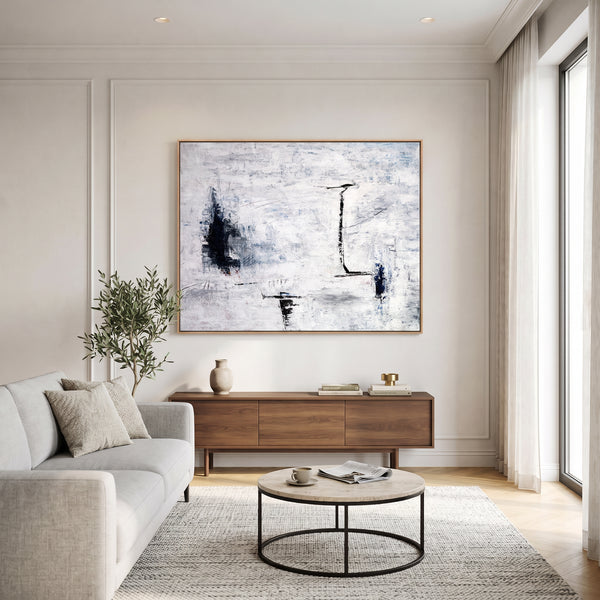 Large Abstract Wall Art — Minimalist Black White Original Oil Painting, Textured Canvas — "Trace (Horizontal Ver.)"