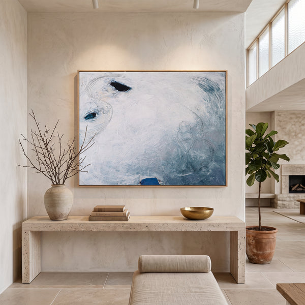 Serene Blue Minimalist Abstract Wall Art — Original Oil Painting, Textured Canvas Statement — "A little piece of moon (Horizontal Ver.)"