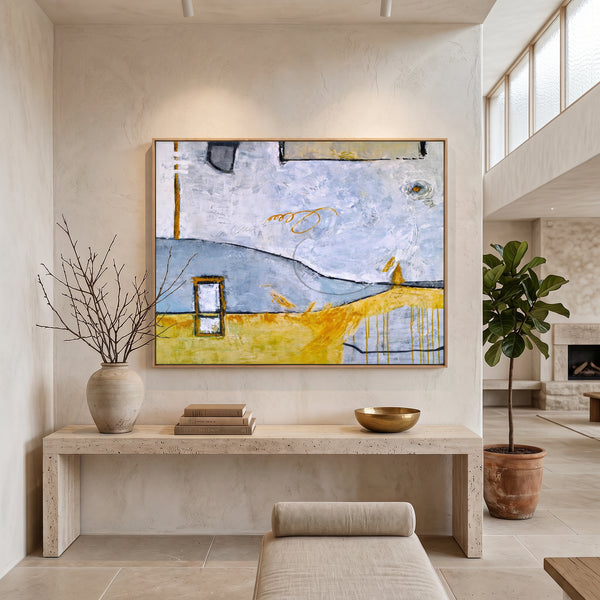 Abstract Wall Art, Yellow Modern Original Oil Painting — Large Textured Statement Canvas — "Yellow telephone booth (Horizontal Ver.)"