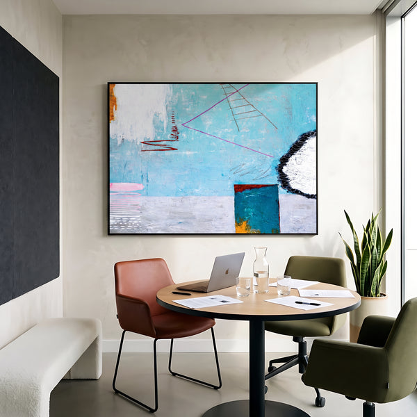 Large Moody Blue Abstract Wall Art — Original Oil Painting, Textured Canvas — "Tale III (Horizontal Ver.)"