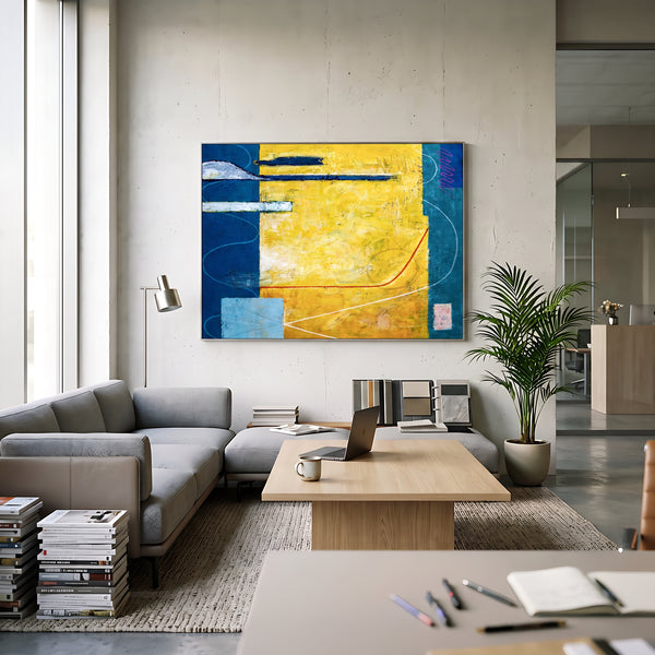 Large Yellow Teal Abstract Wall Art — Modern Original Oil Painting, Textured Canvas — "Summer time (Horizontal Ver.)"