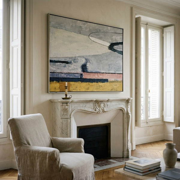 Abstract Wall Art Large Modern Pink Grey Original Oil Painting, Textured Canvas — "Parabola (Horizontal Ver.)"