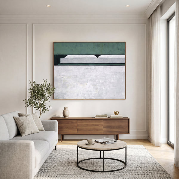 Large Moody Blue Abstract Wall Art — Original Oil Painting, Textured Canvas — "Room I (Horizontal Ver.)"