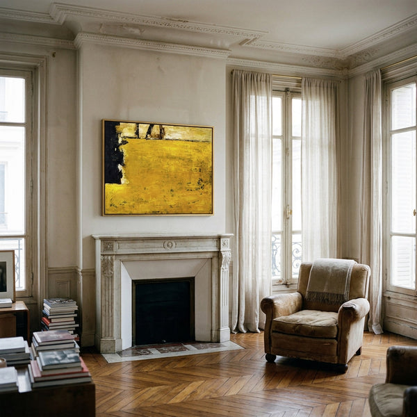 Yellow Abstract Wall Art — Modern Textured Original Oil Painting, Large Canvas — "Field of yellow (Horizontal Ver.)"