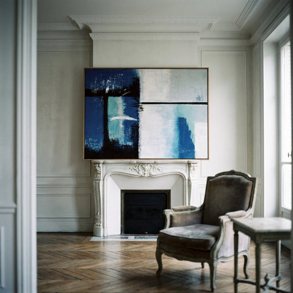 Bold Blue Modern Abstract Wall Art — Original Oil Painting, Textured Canvas — "Janus (Horizontal Ver.)"