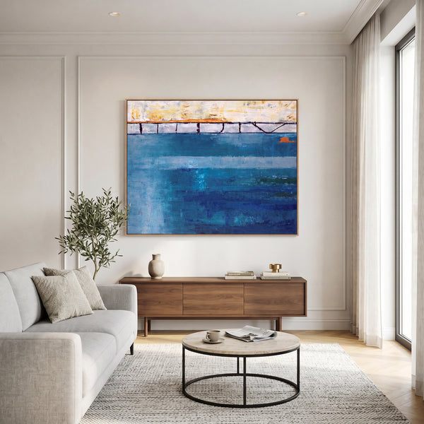 Cool Blue Moody Abstract Wall Art — Original Oil Painting, Textured Canvas — "Passage (Horizontal Ver.)"