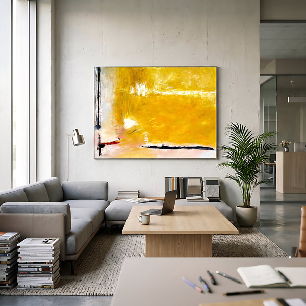Large Yellow Modern Abstract Wall Art — Original Oil Painting, Textured Canvas — "Reminiscent (Horizontal Ver.)"