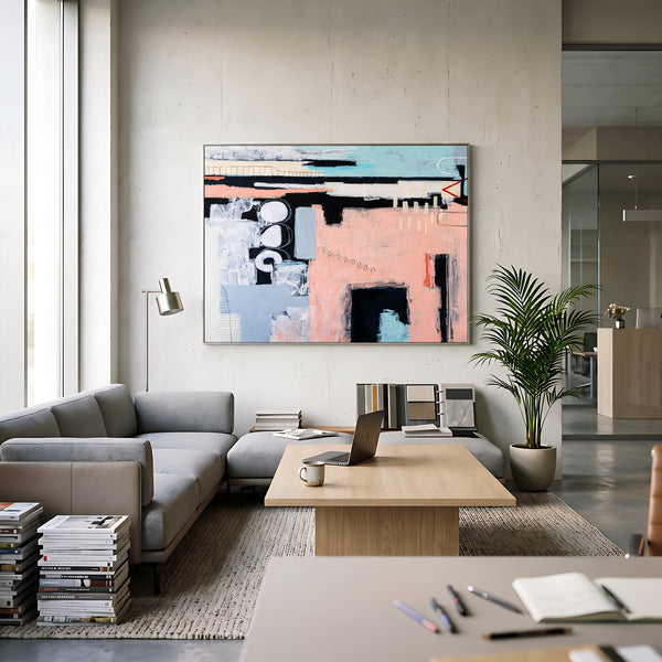 Bold Pink Modern Abstract Wall Art — Original Oil Painting, Textured Canvas — "Archive of longings (Horizontal Ver.)"