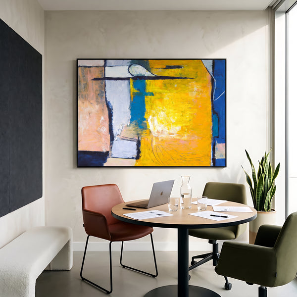 Vibrant Yellow Bold Abstract Wall Art — Modern Original Oil Painting, Textured Canvas — "Suburban (Horizontal Ver.)"