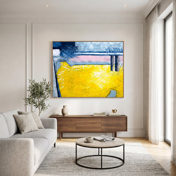 Large Yellow Modern Abstract Wall Art — Original Oil Painting, Textured Canvas — "Reinforce (Horizontal Ver.)"