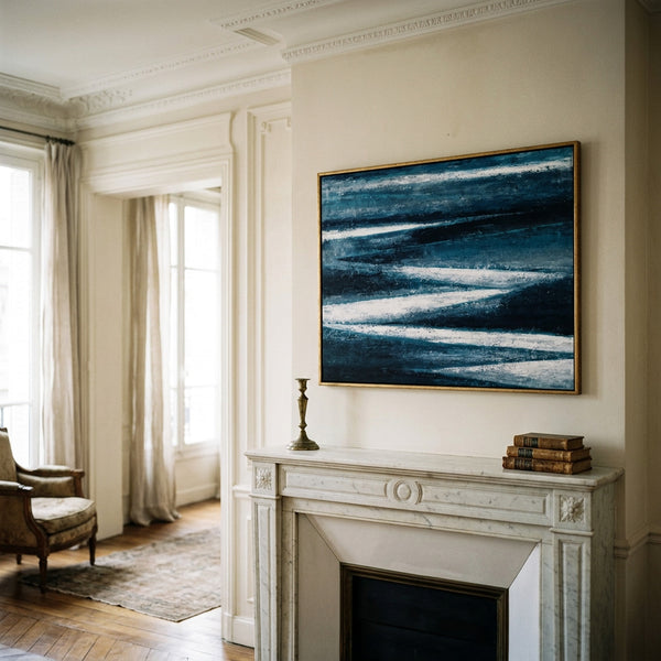 Moody Teal Abstract Wall Art — Large Original Oil Painting, Textured Canvas — "Channel (Horizontal Ver.)"