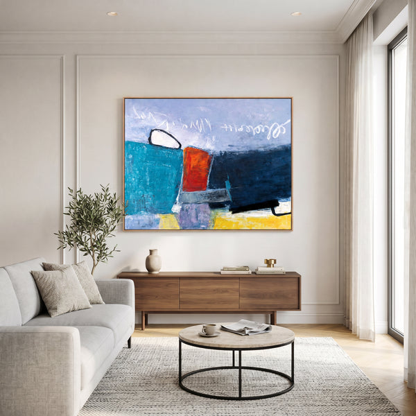 Abstract Wall Art, Bold Teal Modern Original Oil Painting — Textured Canvas Statement — "Mediate (Horizontal Ver.)"