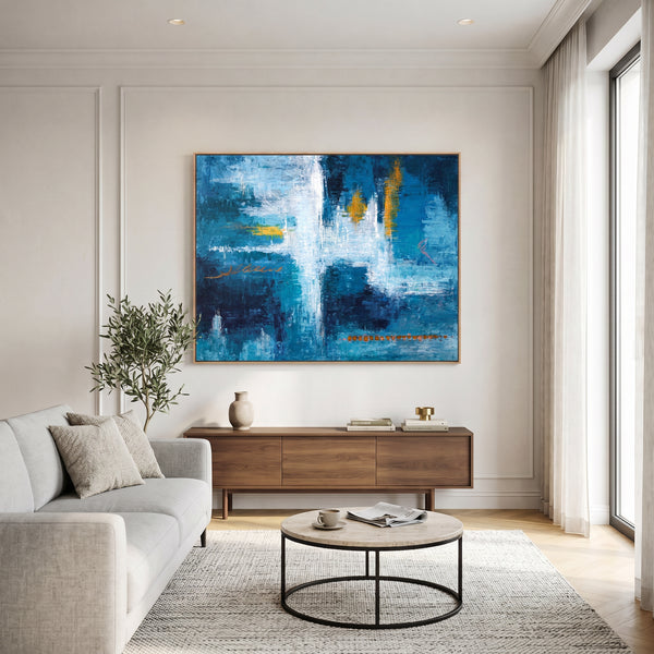 Moody Blue Abstract Wall Art — Original Oil Painting, Bold Textured Canvas — "Measurement (Horizontal Ver.)"