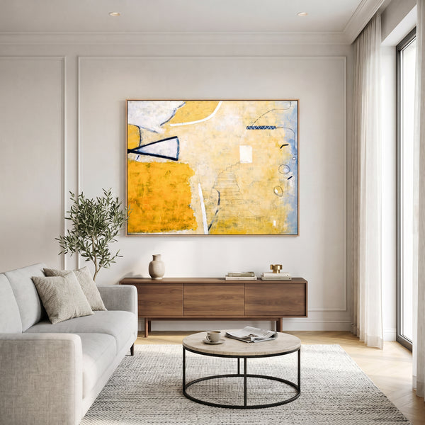Large Yellow Minimalist Abstract Wall Art — Original Oil Painting, Textured Canvas — "Monday dream (Horizontal Ver.)"