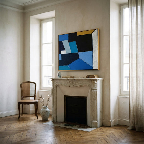 Bold Blue Geometric Abstract Wall Art — Modern Original Oil Painting, Textured Canvas — "Geometry II (Horizontal Ver.)"