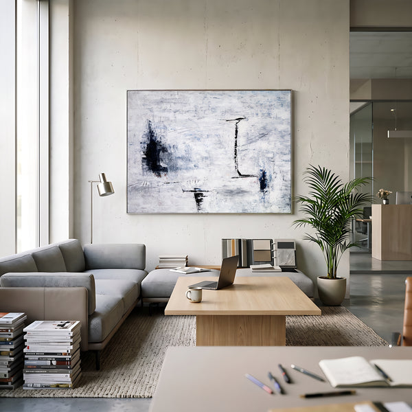 Large Abstract Wall Art — Minimalist Black White Original Oil Painting, Textured Canvas — "Trace (Horizontal Ver.)"