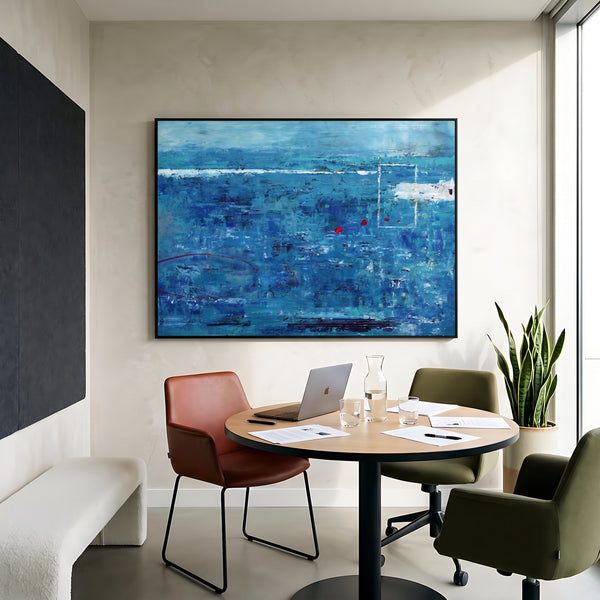 Moody Blue Abstract Wall Art — Large Original Oil Painting, Textured Canvas — "Red dot transported (Horizontal Ver.)"