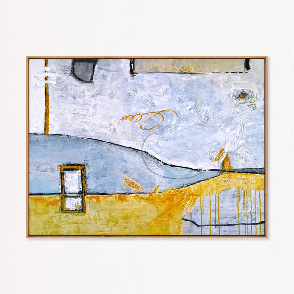 Abstract Wall Art, Yellow Modern Original Oil Painting — Large Textured Statement Canvas — "Yellow telephone booth (Horizontal Ver.)"