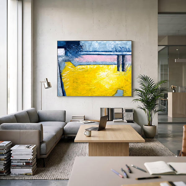 Large Yellow Modern Abstract Wall Art — Original Oil Painting, Textured Canvas — "Reinforce (Horizontal Ver.)"