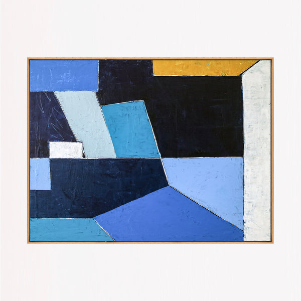 Bold Blue Geometric Abstract Wall Art — Modern Original Oil Painting, Textured Canvas — "Geometry II (Horizontal Ver.)"