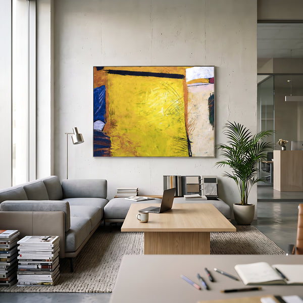 Vibrant Yellow Modern Abstract Wall Art — Large Original Oil Painting, Textured Canvas — "Sunshine (Horizontal Ver.)"
