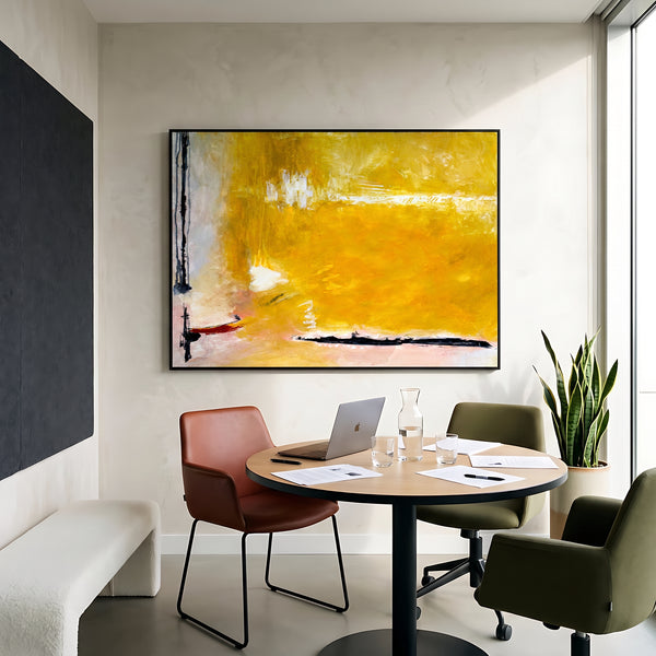 Large Yellow Modern Abstract Wall Art — Original Oil Painting, Textured Canvas — "Reminiscent (Horizontal Ver.)"
