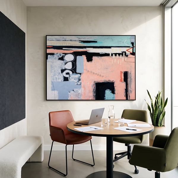 Bold Pink Modern Abstract Wall Art — Original Oil Painting, Textured Canvas — "Archive of longings (Horizontal Ver.)"